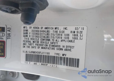 2015 Honda Cr-V Lx из США, поврежденный, VIN 5J6RM3H39FL011169